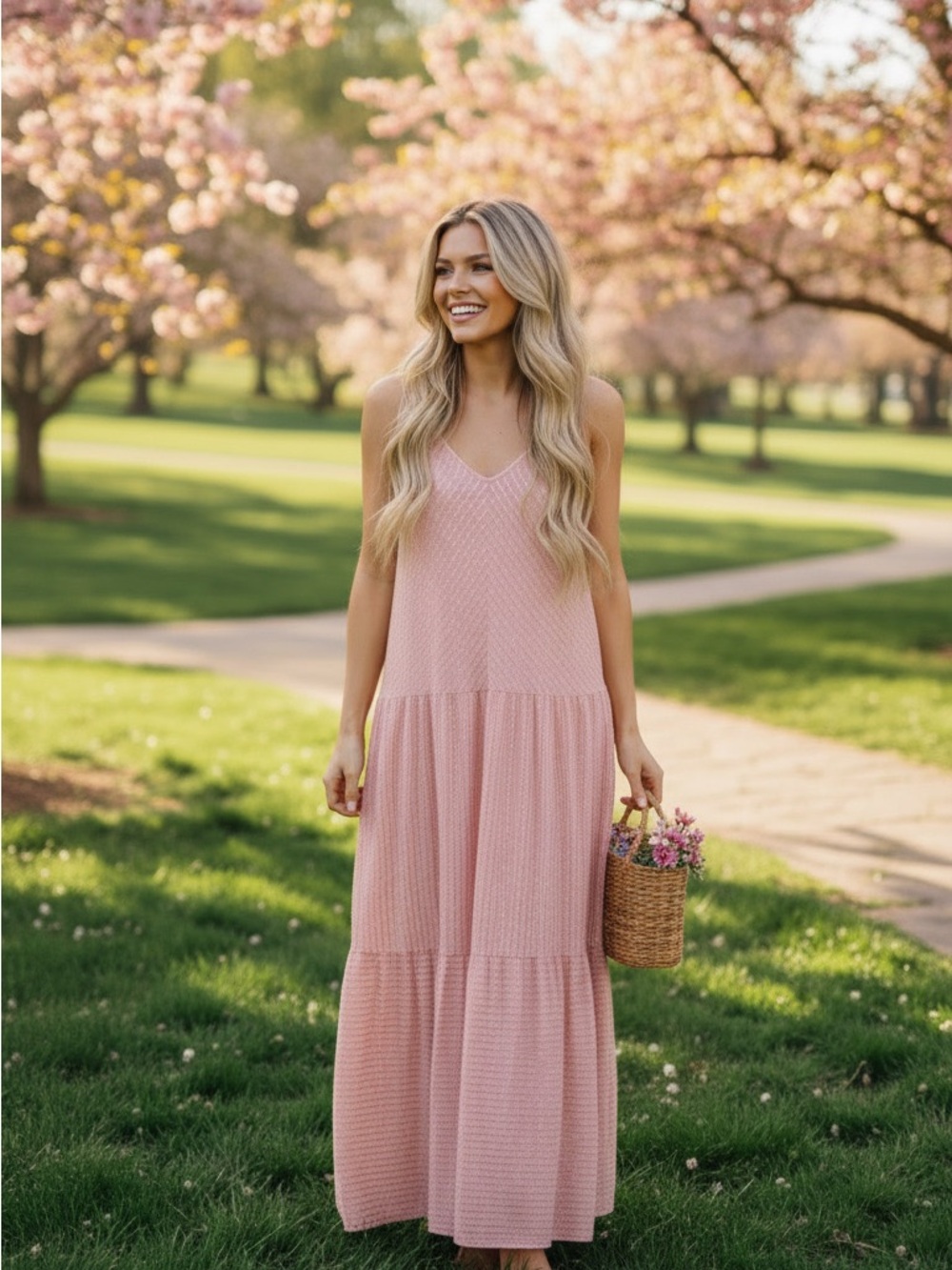 NWT Self Contrast Peach and Gold Striped Tiered V-Neck Maxi Dress
